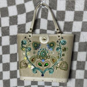 1960’s Enid Collins Jewel Garden Beige Canvas Bucket Purse Embellished